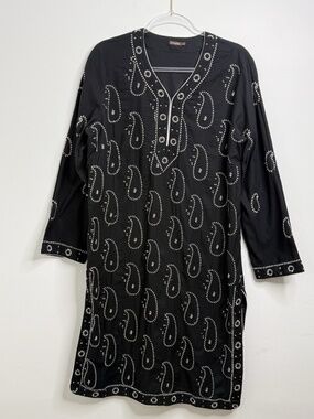 J McLaughlin Kiara Embroidered Black White Long Line Tunic Top Sz L Resort-wear